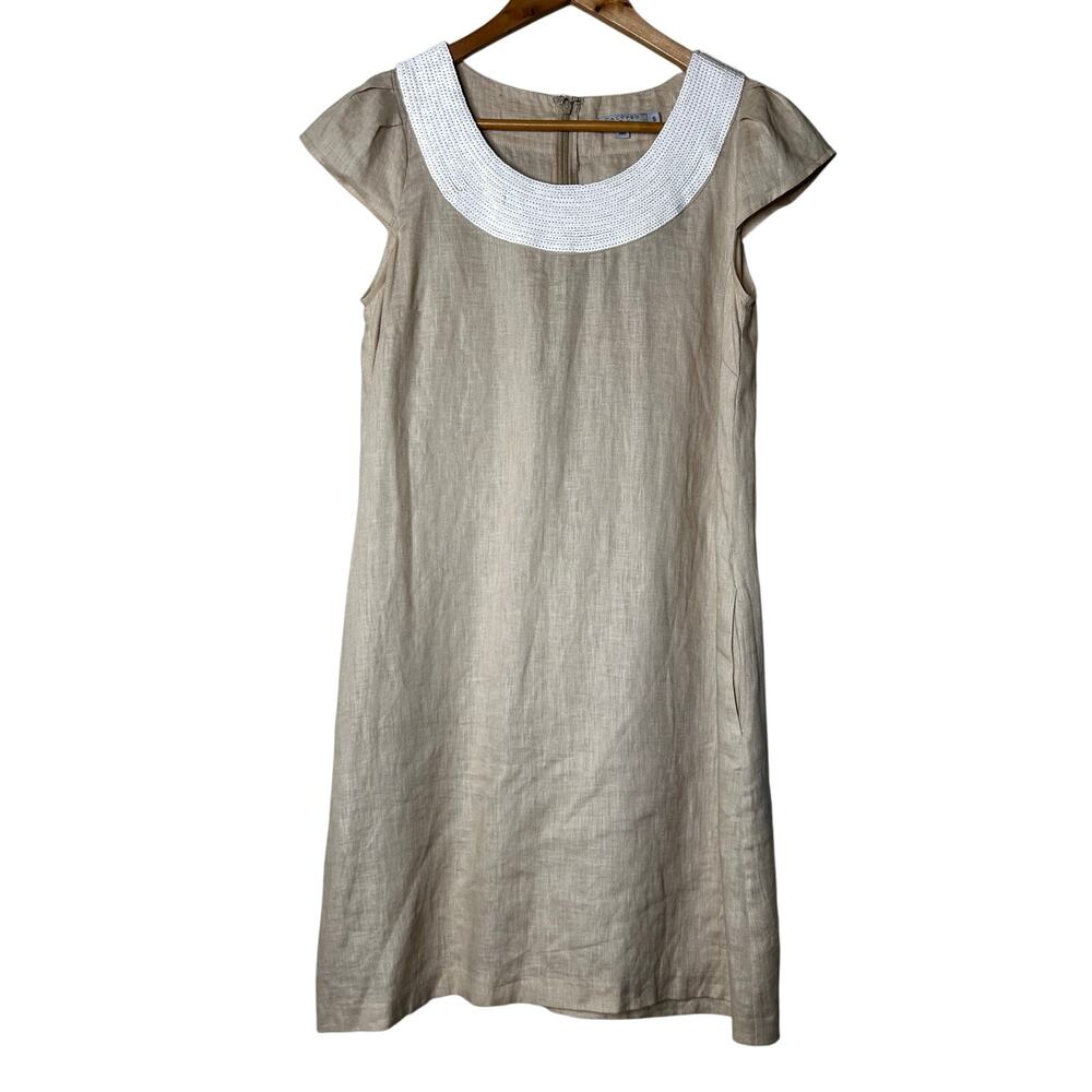 Calypso St Barth Linen Dress Sz S Taupe‎ with Pearl Type Sequins Vacation Luxury